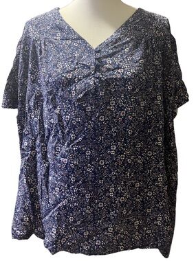 Jones & Co. Jones New York Navy Blue Ditsy Floral V-Neck Blouse Top 3X Like New
